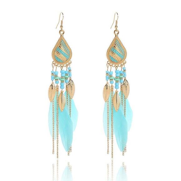 Feather Boho Rice Bead Stud Long Waterdrop Tassel Earrings Hook Boho Ethic Drop - Picture 1 of 5